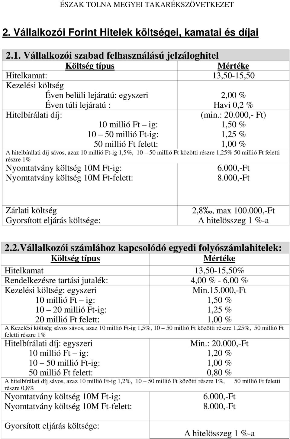 000,- Ft) 1,50 % 1,25 % 1,00 % A hitelbírálati díj sávos, azaz 10 millió Ft-ig 1,5%, 10 50 millió Ft közötti részre 1,25% 50 millió Ft feletti részre 1% Nyomtatvány költség 10M Ft-ig: Nyomtatvány