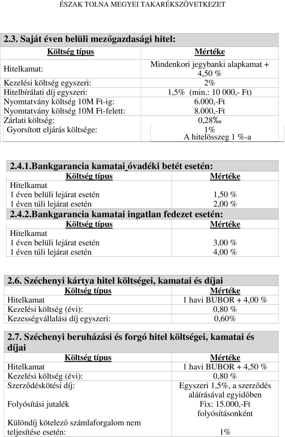 4.2.Bankgarancia kamatai ingatlan fedezet esetén: Hitelkamat 1 éven belüli lejárat esetén 1 éven túli lejárat esetén 3,00 % 4,00 % 2.6.