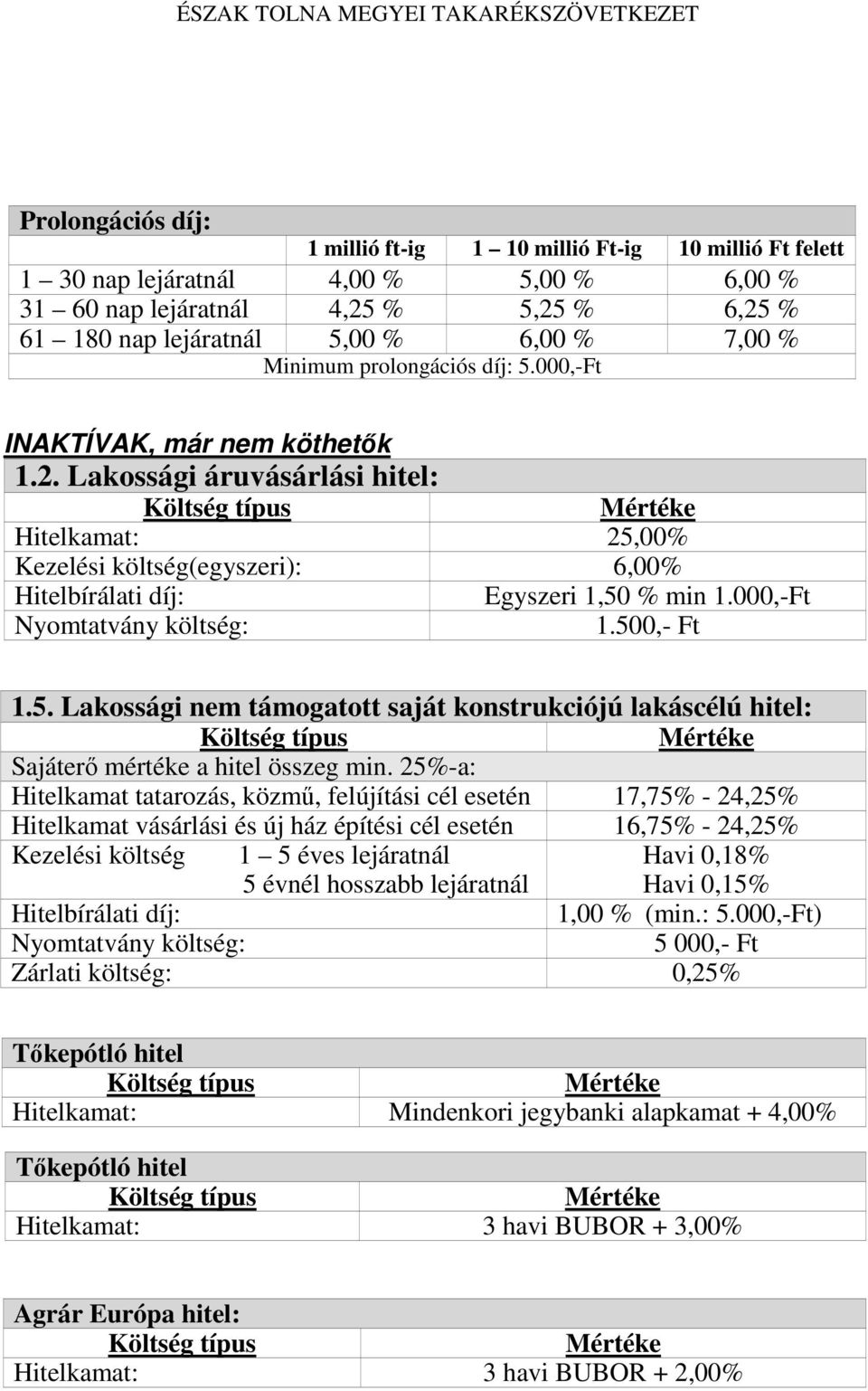 25%-a: Hitelkamat tatarozás, közmő, felújítási cél esetén 17,75% - 24,25% Hitelkamat vásárlási és új ház építési cél esetén 16,75% - 24,25% Kezelési költség 1 5 éves lejáratnál 5 évnél hosszabb