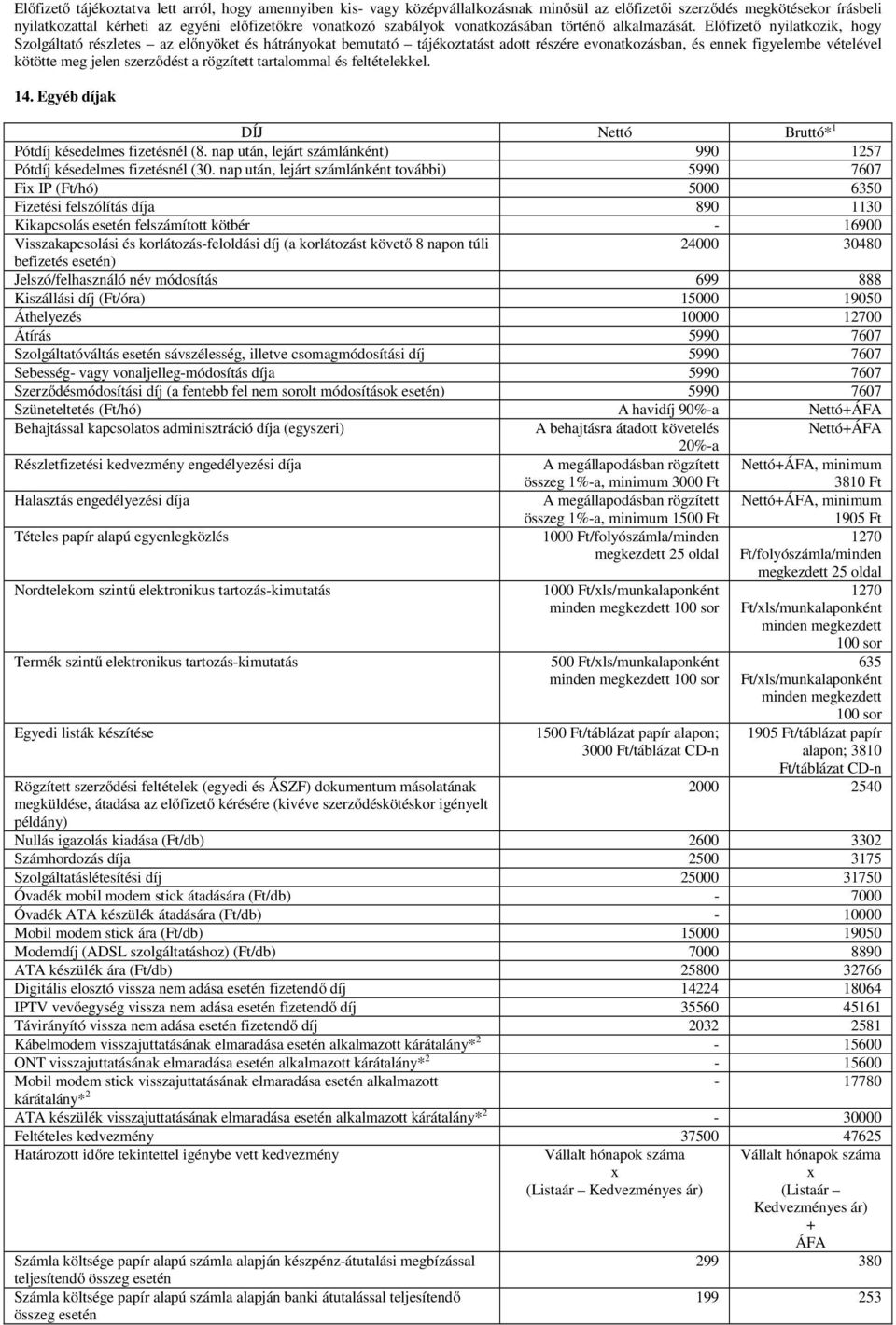 Előfizető nyilatkozik, hogy Szolgáltató részletes az előnyöket és hátrányokat bemutató tájékoztatást adott részére evonatkozásban, és ennek figyelembe vételével kötötte meg jelen szerződést a