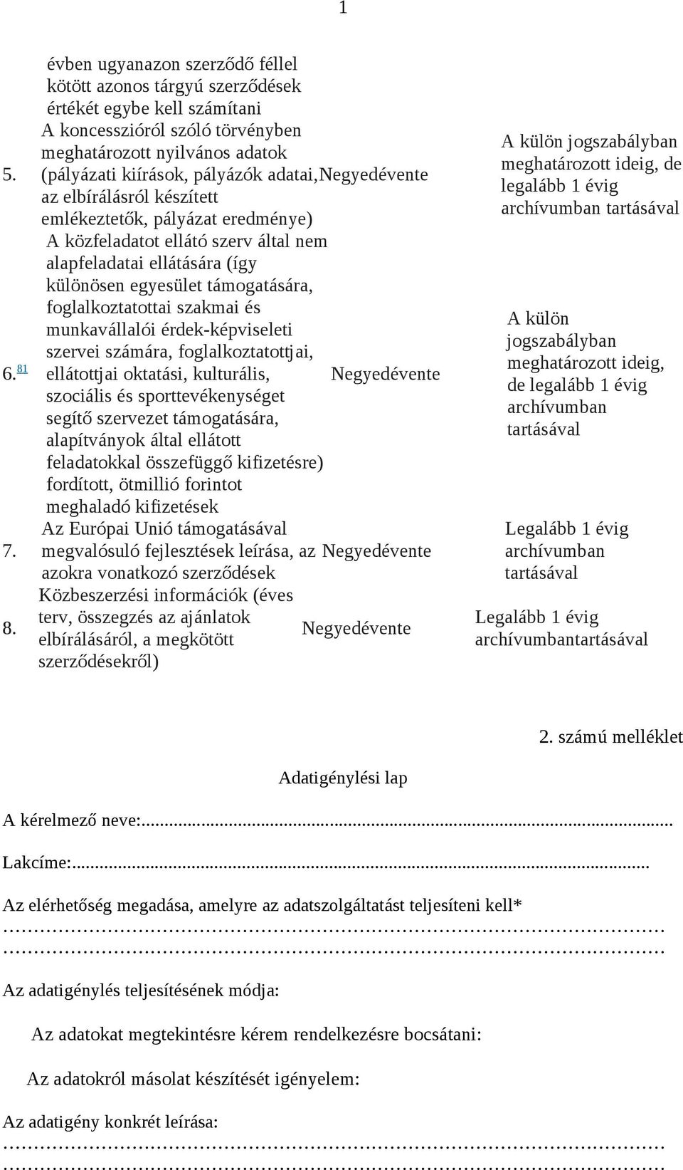 adatai, Negyedévente az elbírálásról készített emlékeztetők, pályázat eredménye) A közfeladatot ellátó szerv által nem alapfeladatai ellátására (így különösen egyesület támogatására,