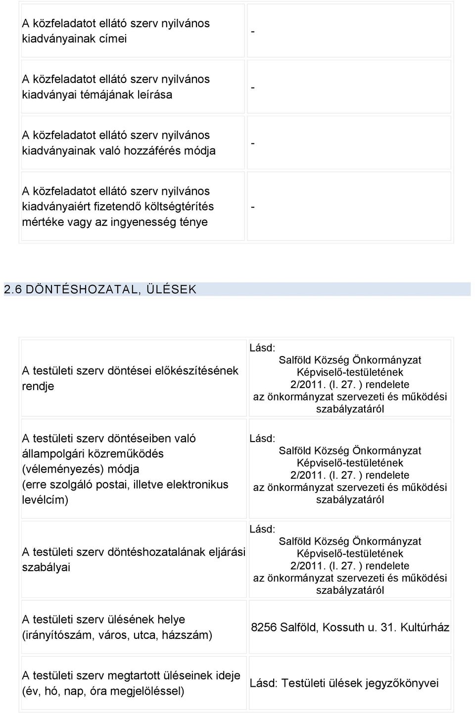 6 DÖNTÉSHOZATAL, ÜLÉSEK A testületi szerv döntései előkészítésének rendje A testületi szerv döntéseiben való állampolgári közreműködés (véleményezés) módja (erre szolgáló postai, illetve elektronikus