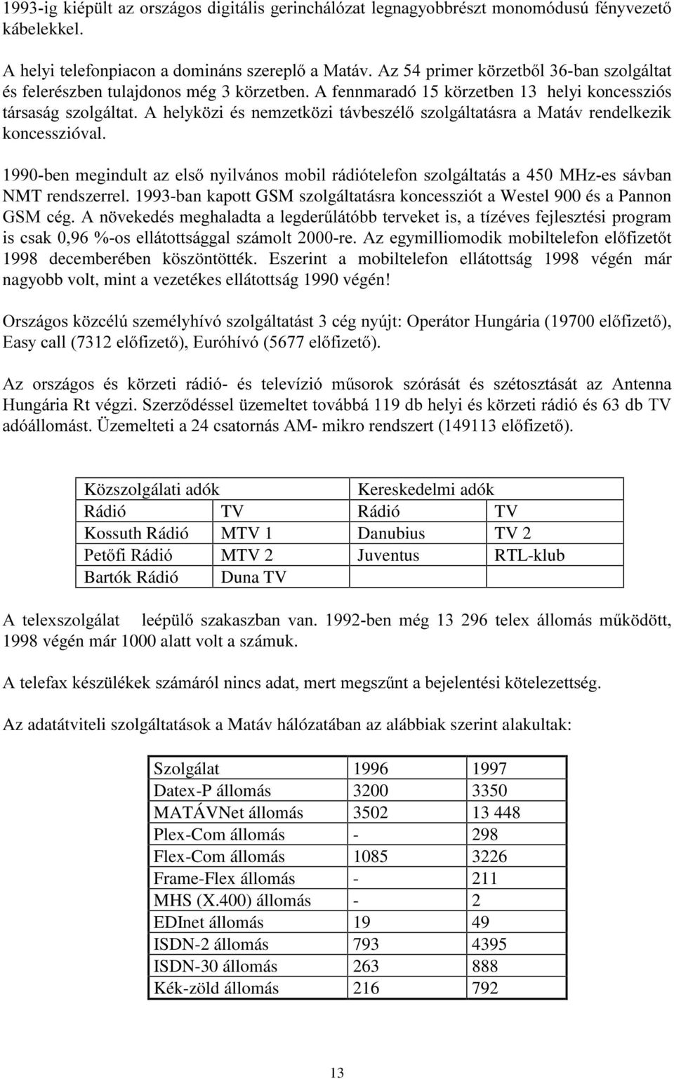 A fennmaradó 15 körzetben 13 helyi koncessziós WiUVDViJ V]ROJiOWDW $ KHO\N ]L pv QHP]HWN ]L WiYEHV]pO V]ROJiOWDWiVUD D 0DWiY UHQGHONH]LN koncesszióval.