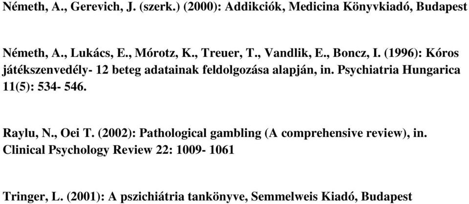 (1996): Kóros játékszenvedély- 12 beteg adatainak feldolgozása alapján, in. Psychiatria Hungarica 11(5): 534-546.