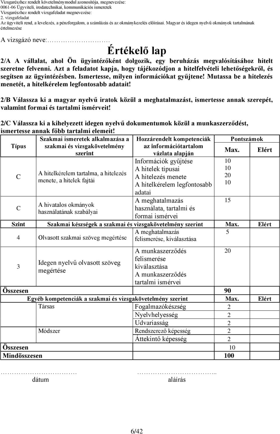 Mutassa be a hitelezés menetét, a hitelkérelem legfontosabb adatait! 2/B Válassza ki a magyar nyelvű iratok közül a meghatalmazást, ismertesse annak szerepét, valamint formai és tartalmi ismérveit!