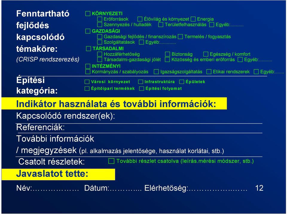 .. TÁRSADALMI Hozzáférhetőség Biztonság Egészség / komfort Társadalmi-gazdasági jólét Közösség és emberi erőforrás Egyéb:.