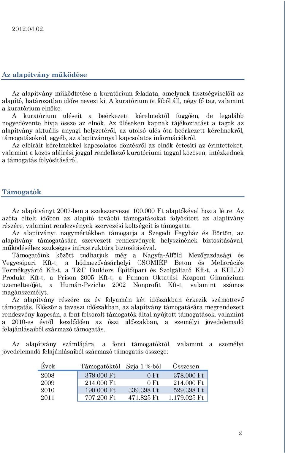 Az üléseken kapnak tájékoztatást a tagok az alapítvány aktuális anyagi helyzetéről, az utolsó ülés óta beérkezett kérelmekről, támogatásokról, egyéb, az alapítvánnyal kapcsolatos információkról.
