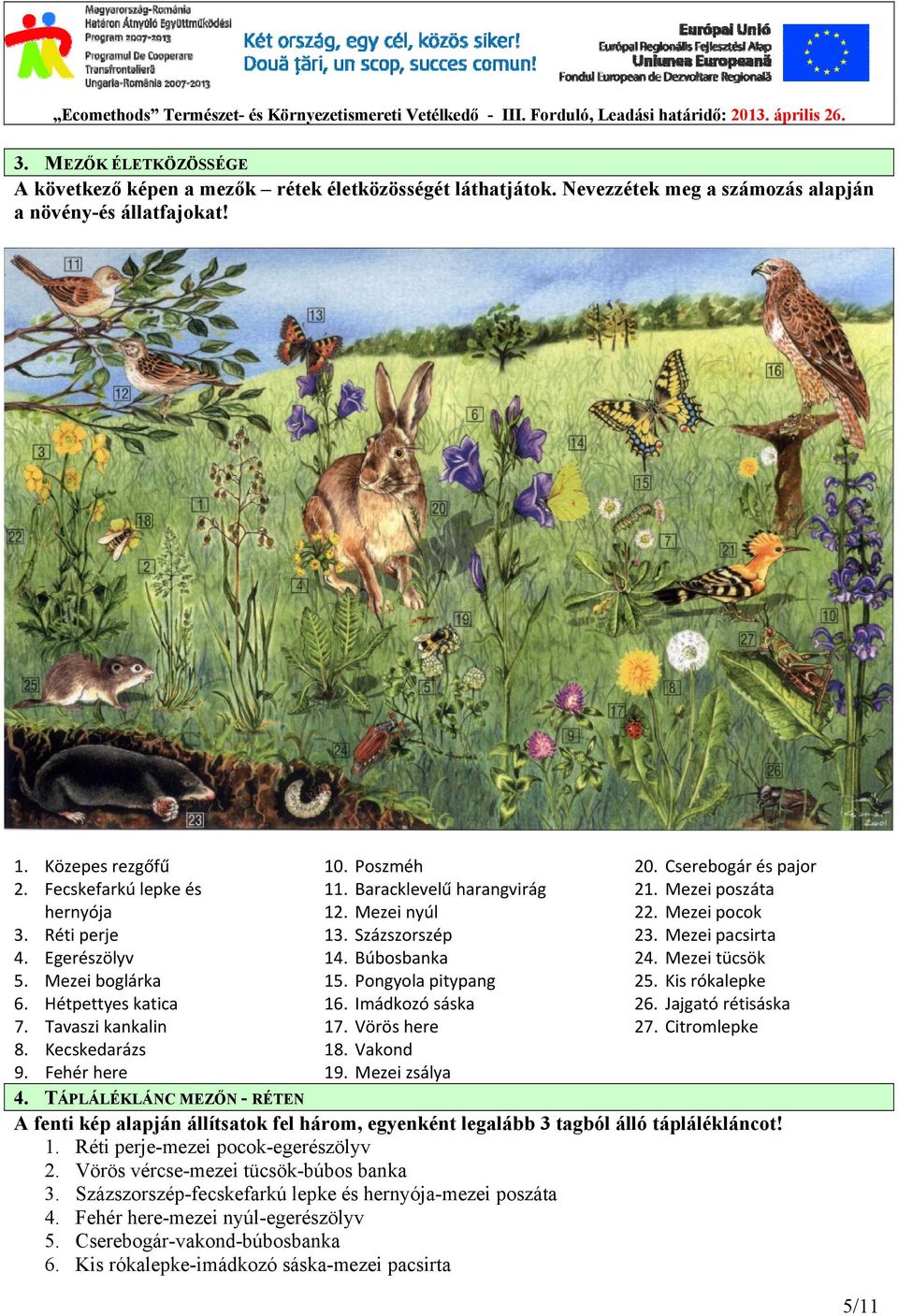 Mezei tücsök 5. Mezei boglárka 15. Pongyola pitypang 25. Kis rókalepke 6. Hétpettyes katica 16. Imádkozó sáska 26. Jajgató rétisáska 7. Tavaszi kankalin 17. Vörös here 27. Citromlepke 8.