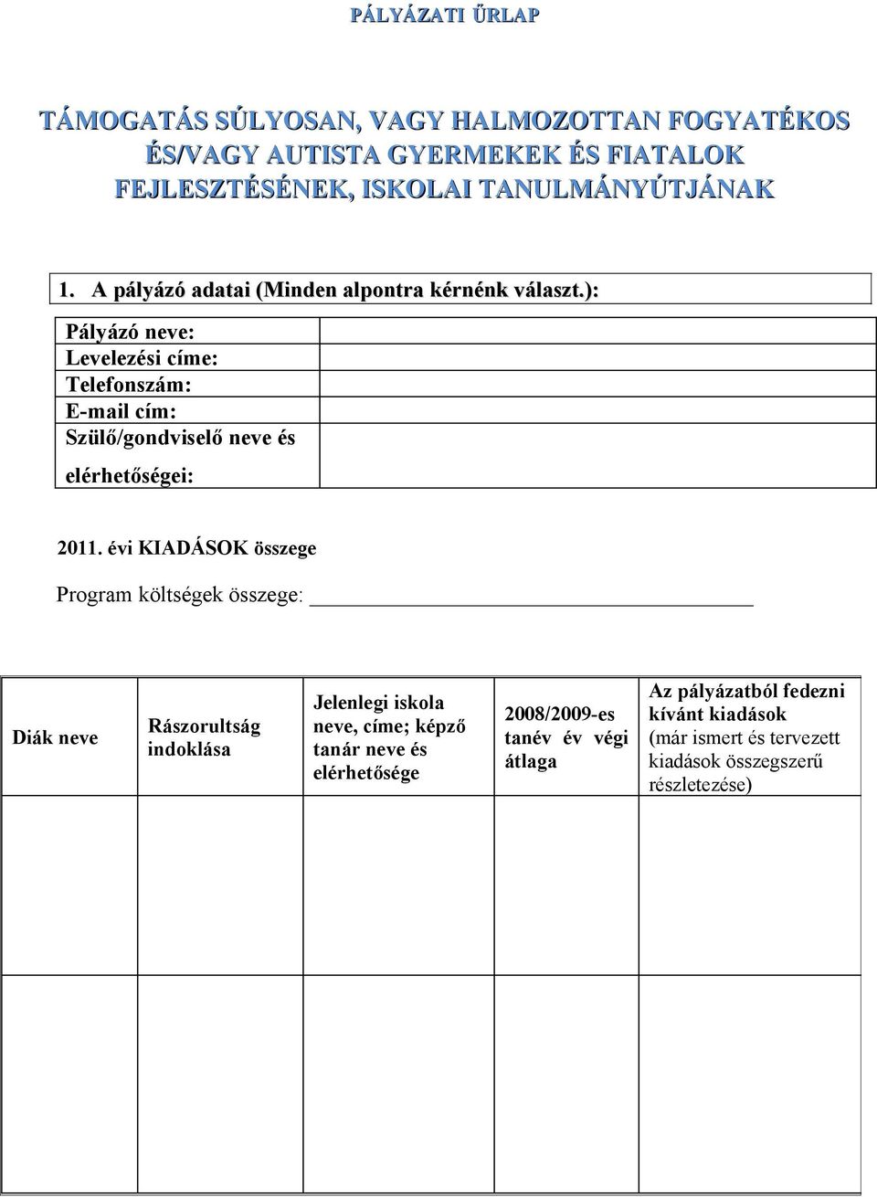 ): Pályázó neve: Levelezési címe: Telefonszám: E-mail cím: Szülő/gondviselő neve és elérhetőségei: 2011.