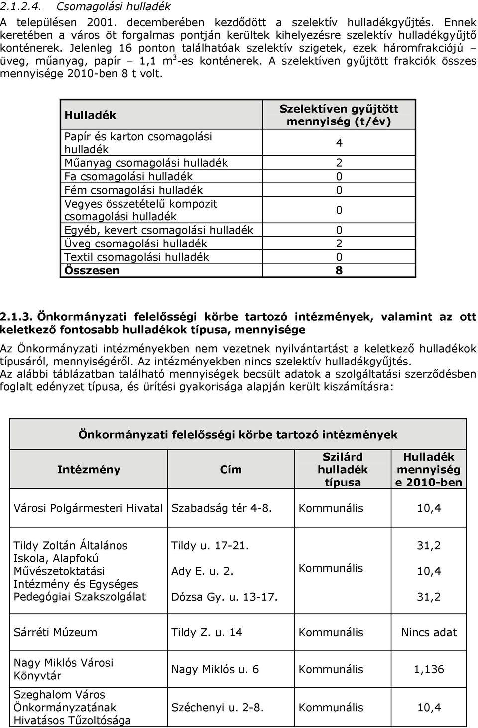 Jelenleg 16 ponton találhatóak szelektív szigetek, ezek háromfrakciójú üveg, műanyag, papír 1,1 m 3 -es konténerek. A szelektíven gyűjtött frakciók összes mennyisége 2010-ben 8 t volt.