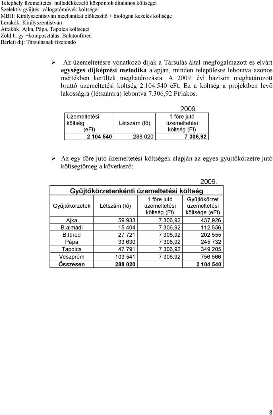 gy +komposztálás: Balatonfüred Bérleti díj: Társulásnak fizetendő Az üzemeltetésre vonatkozó díjak a Társulás által megfogalmazott és elvárt egységes díjképzési metodika alapján, minden településre