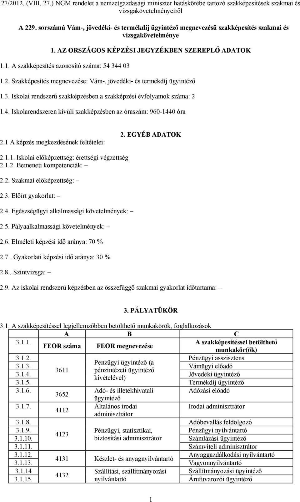 Iskolarendszeren kívüli szakképzésben az óraszám: 960-1440 óra 2.1 A képzés megkezdésének feltételei: 2. EGYÉB ADATOK 2.1.1. Iskolai előképzettség: érettségi végzettség 2.1.2. Bemeneti kompetenciák: 2.