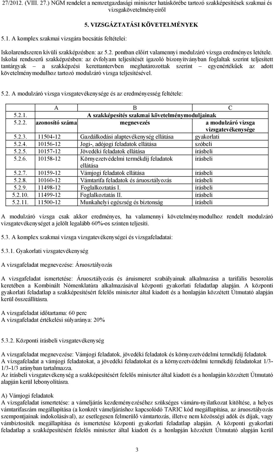 követelménymodulhoz tartozó modulzáró vizsga teljesítésével. 5.2. A modulzáró vizsga vizsgatevékenysége és az eredményesség feltétele: A B C 5.2.1. A szakképesítés szakmai követelménymoduljainak 5.2.2. azonosító száma megnevezés a modulzáró vizsga vizsgatevékenysége 5.