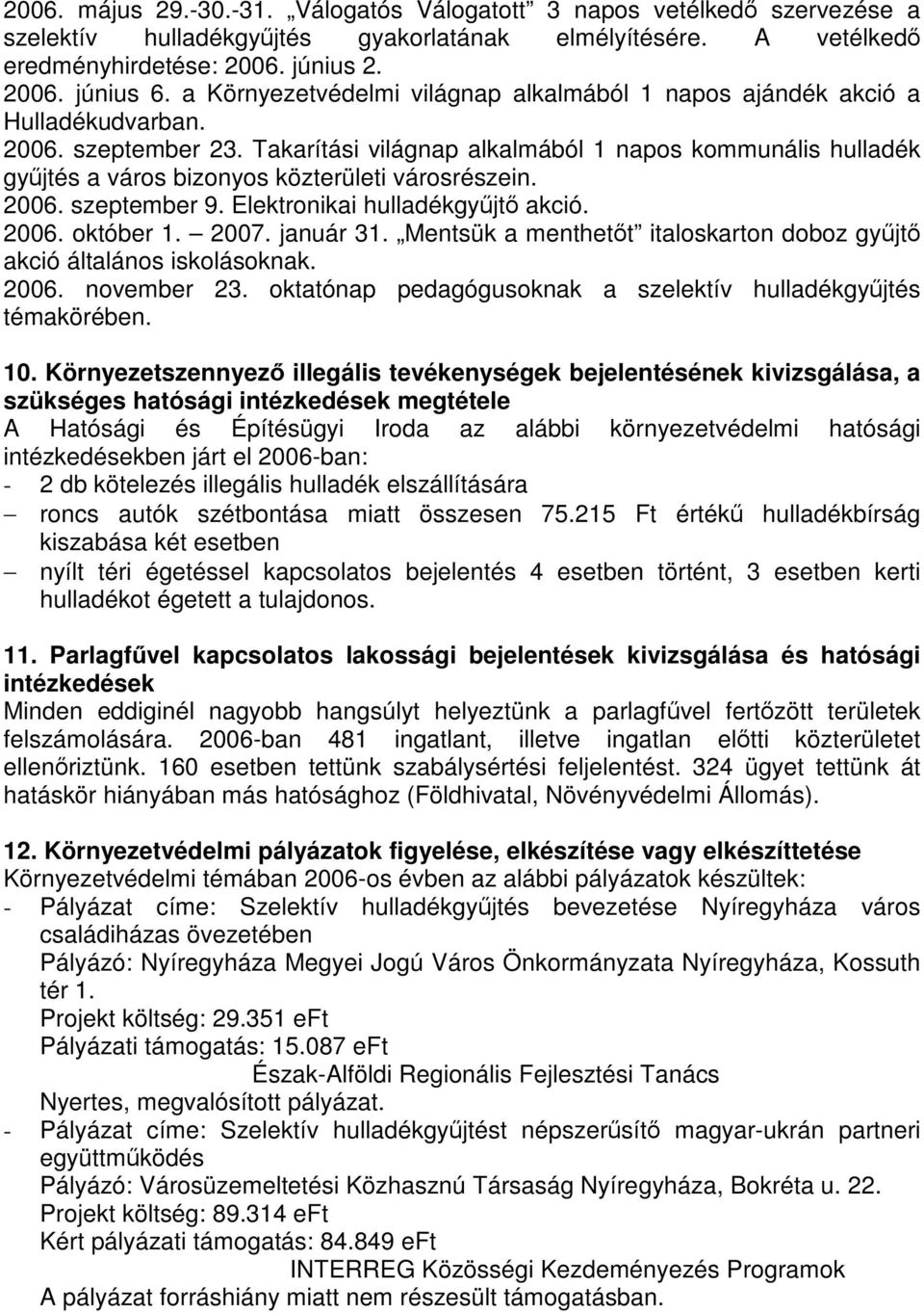 Takarítási világnap alkalmából 1 napos kommunális hulladék gyűjtés a város bizonyos közterületi városrészein. 2006. szeptember 9. Elektronikai hulladékgyűjtő akció. 2006. október 1. 2007. január 31.