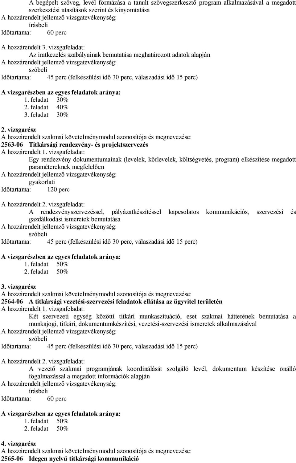 aránya: 1. feladat 30% 2. feladat 40% 3. feladat 30% 2. vizsgarész A hozzárendelt szakmai követelménymodul azonosítója és megnevezése: 2563-06 Titkársági rendezvény- és projektszervezés A hozzárendelt 1.