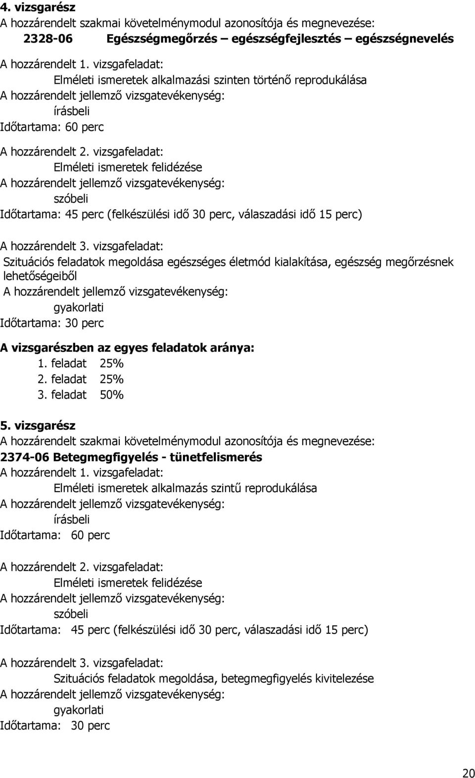 vizsgafeladat: Elméleti ismeretek felidézése A hozzárendelt jellemző vizsgatevékenység: szóbeli Időtartama: 45 perc (felkészülési idő 30 perc, válaszadási idő 15 perc) A hozzárendelt 3.