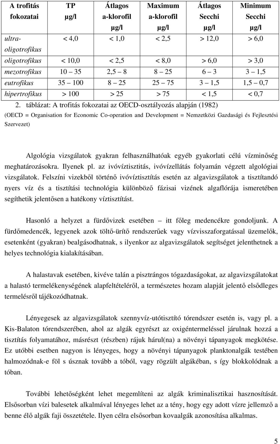 táblázat: A trofitás fokozatai az OECD-osztályozás alapján (1982) (OECD = Organisation for Economic Co-operation and Development = Nemzetközi Gazdasági és Fejlesztési Szervezet) Algológia vizsgálatok