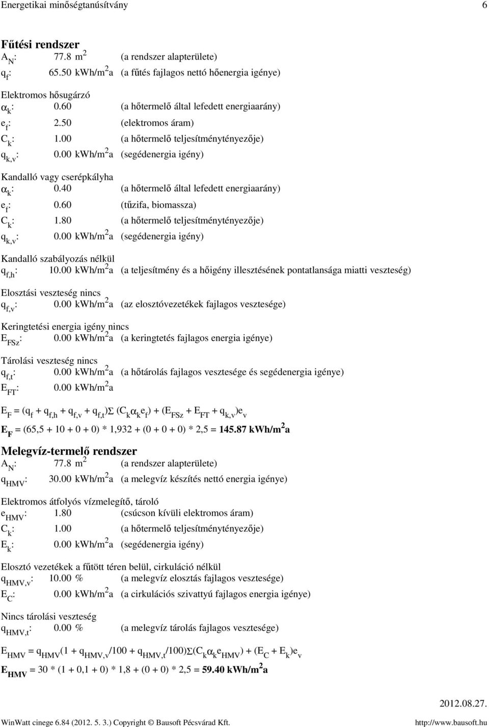 40 (a hőtermelő által lefedett energiaarány) e f 0.60 (tűzifa, biomassza) C k 1.80 (a hőtermelő teljesítménytényezője) q k,v 0.00 kwh/m 2 a (segédenergia igény) Kandalló szabályozás nélkül q f,h 10.