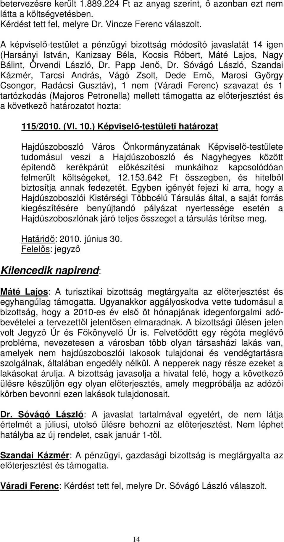 Sóvágó László, Szandai Kázmér, Tarcsi András, Vágó Zsolt, Dede Ernı, Marosi György Csongor, Radácsi Gusztáv), 1 nem (Váradi Ferenc) szavazat és 1 tartózkodás (Majoros Petronella) mellett támogatta az