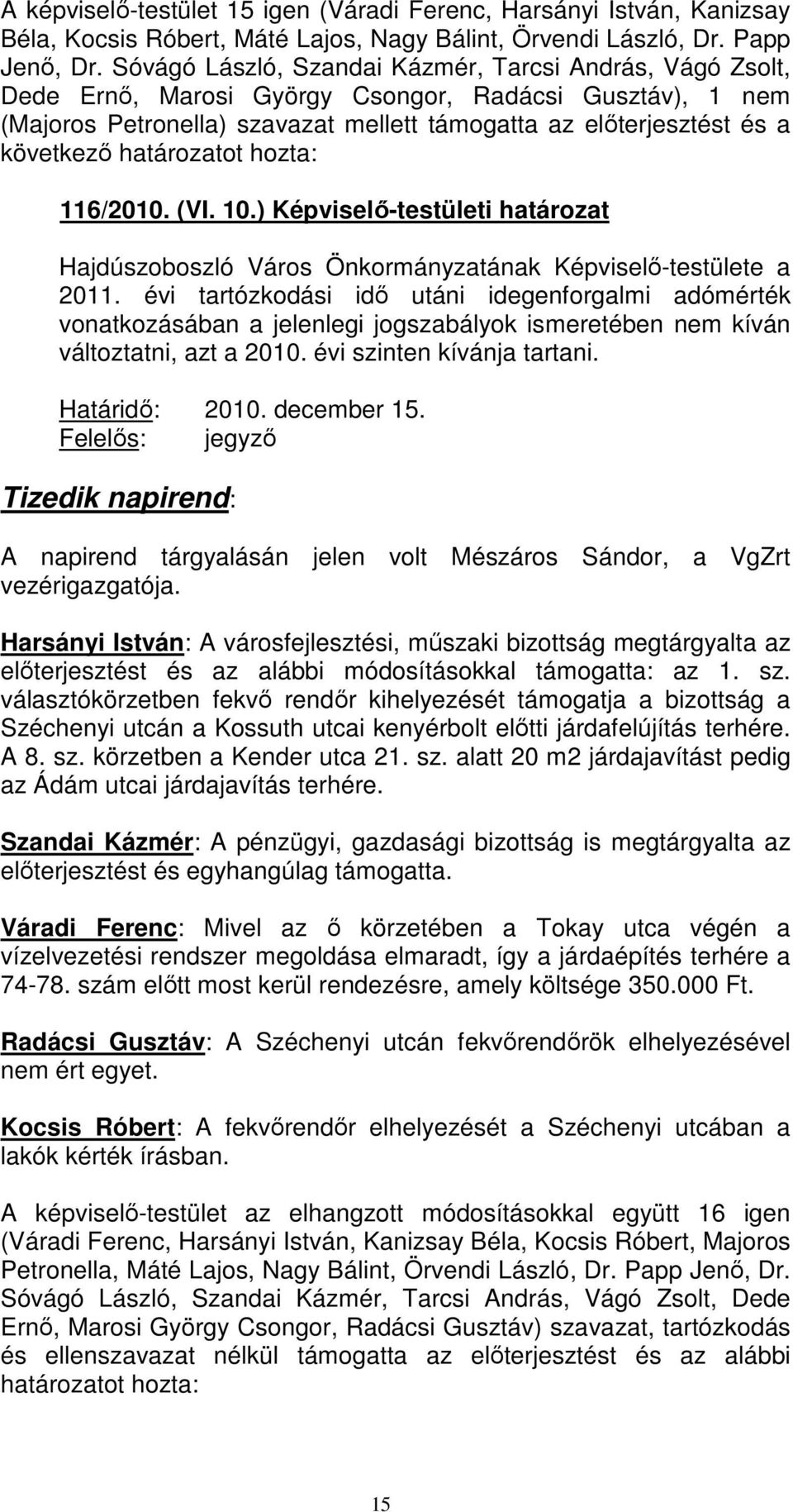 határozatot hozta: 116/2010. (VI. 10.) Képviselı-testületi határozat 2011.