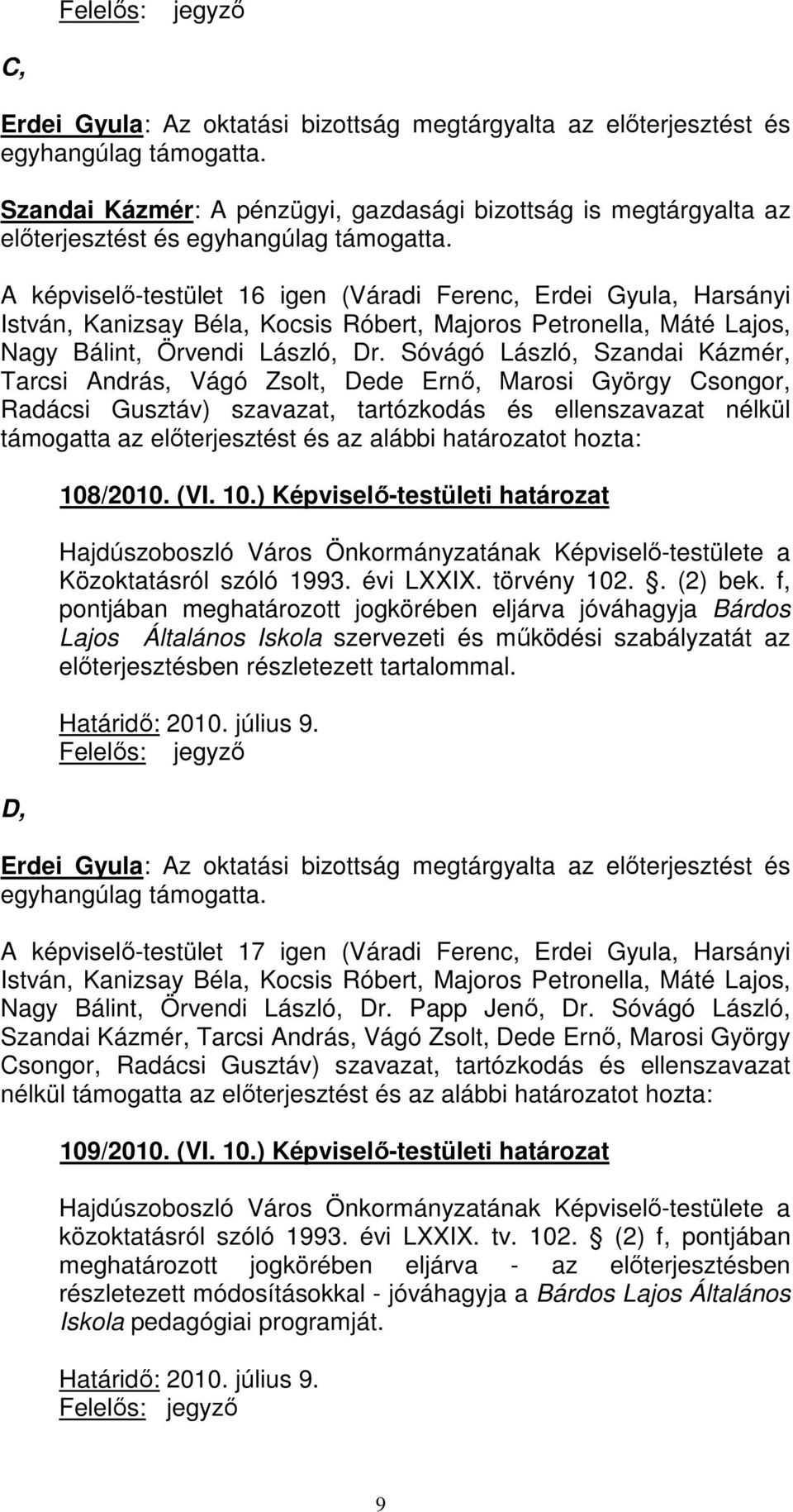 Sóvágó László, Szandai Kázmér, Tarcsi András, Vágó Zsolt, Dede Ernı, Marosi György Csongor, Radácsi Gusztáv) szavazat, tartózkodás és ellenszavazat nélkül támogatta az elıterjesztést és az alábbi