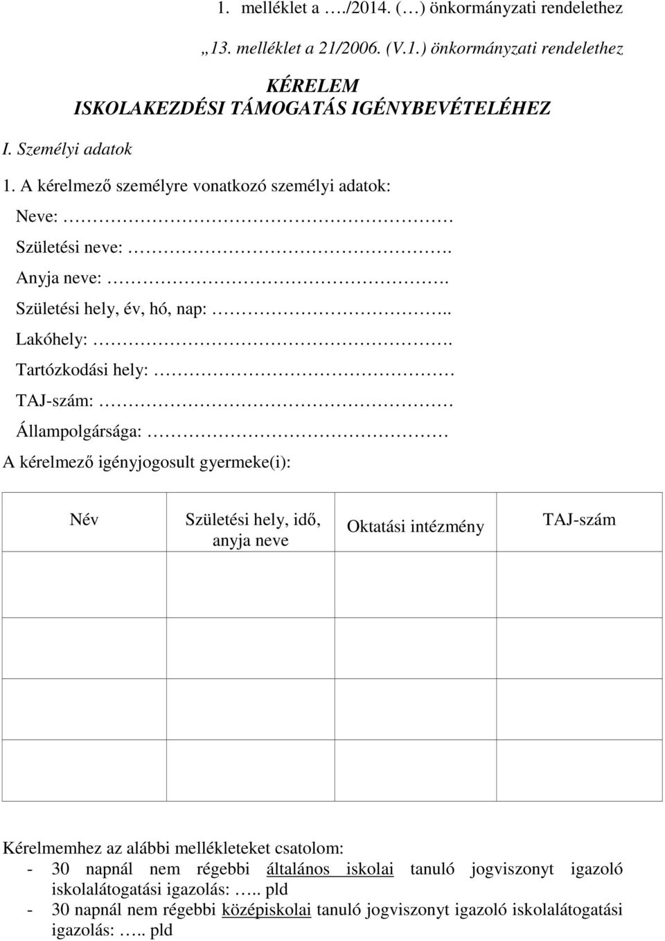 Tartózkodási hely: TAJ-szám: Állampolgársága: A kérelmező igényjogosult gyermeke(i): Név Születési hely, idő, anyja neve Oktatási intézmény TAJ-szám Kérelmemhez az alábbi