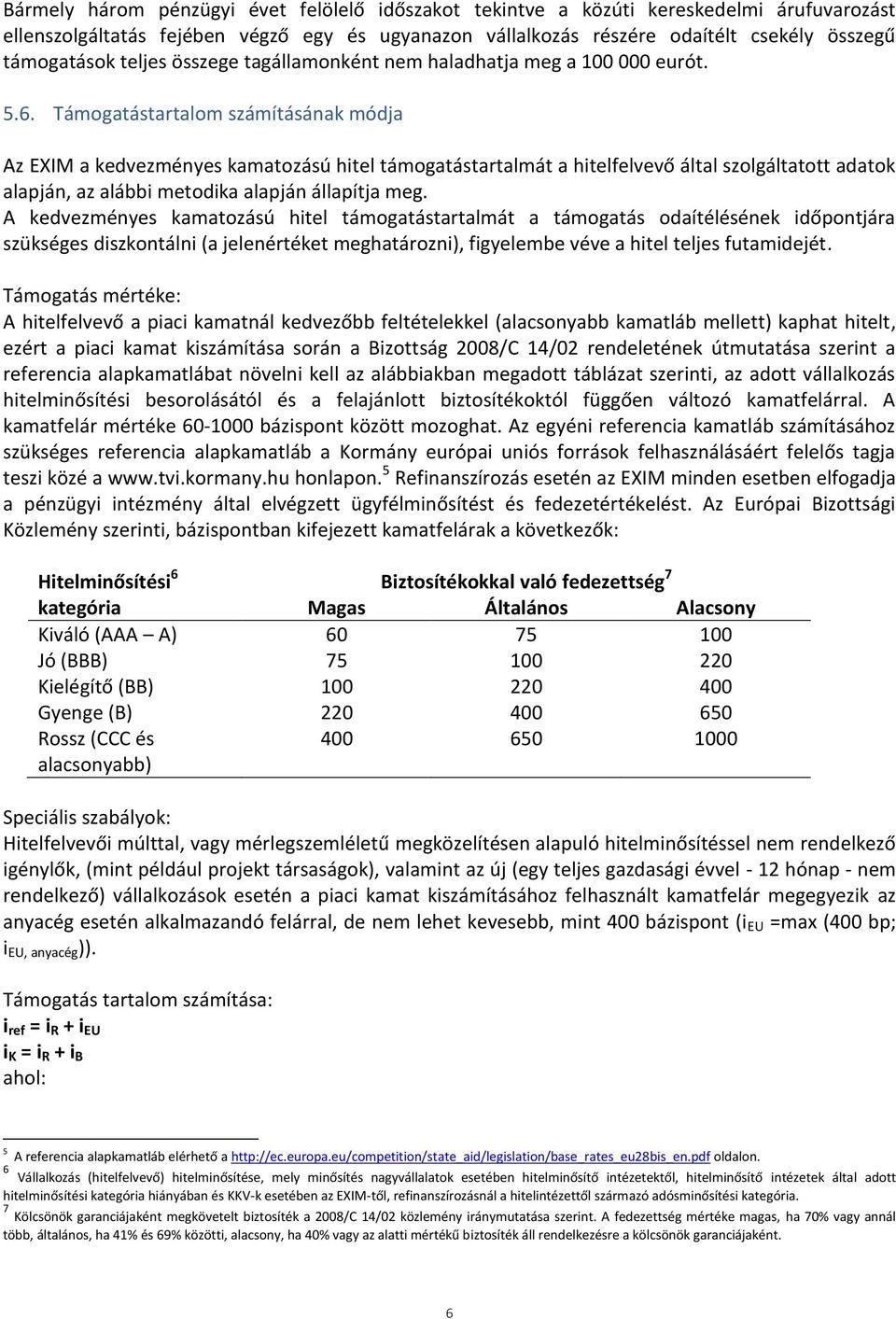 Támogatástartalom számításának módja Az EXIM a kedvezményes kamatozású hitel támogatástartalmát a hitelfelvevő által szolgáltatott adatok alapján, az alábbi metodika alapján állapítja meg.