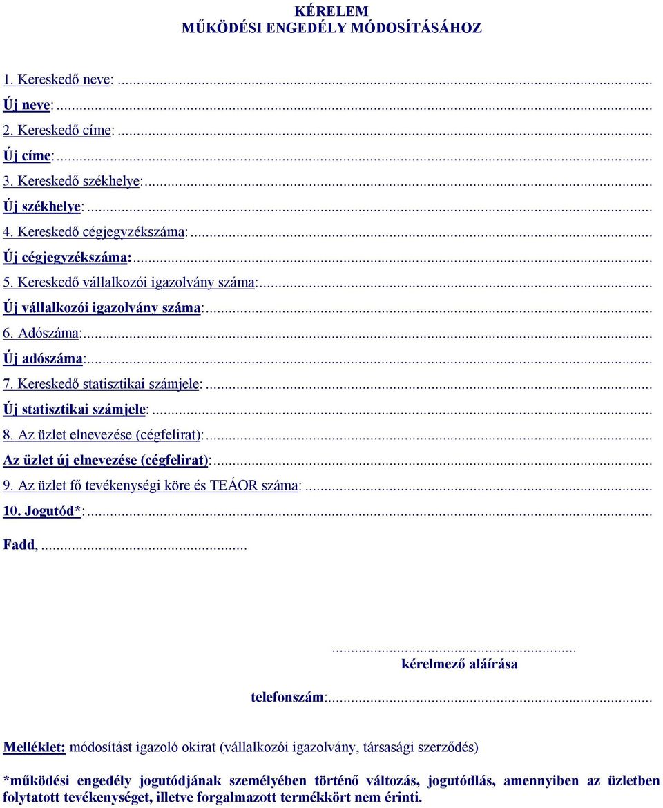 .. Új statisztikai számjele:... 8. Az üzlet elnevezése (cégfelirat):... Az üzlet új elnevezése (cégfelirat):... 9. Az üzlet fő tevékenységi köre és TEÁOR száma:... 10. Jogutód*:... Fadd,.