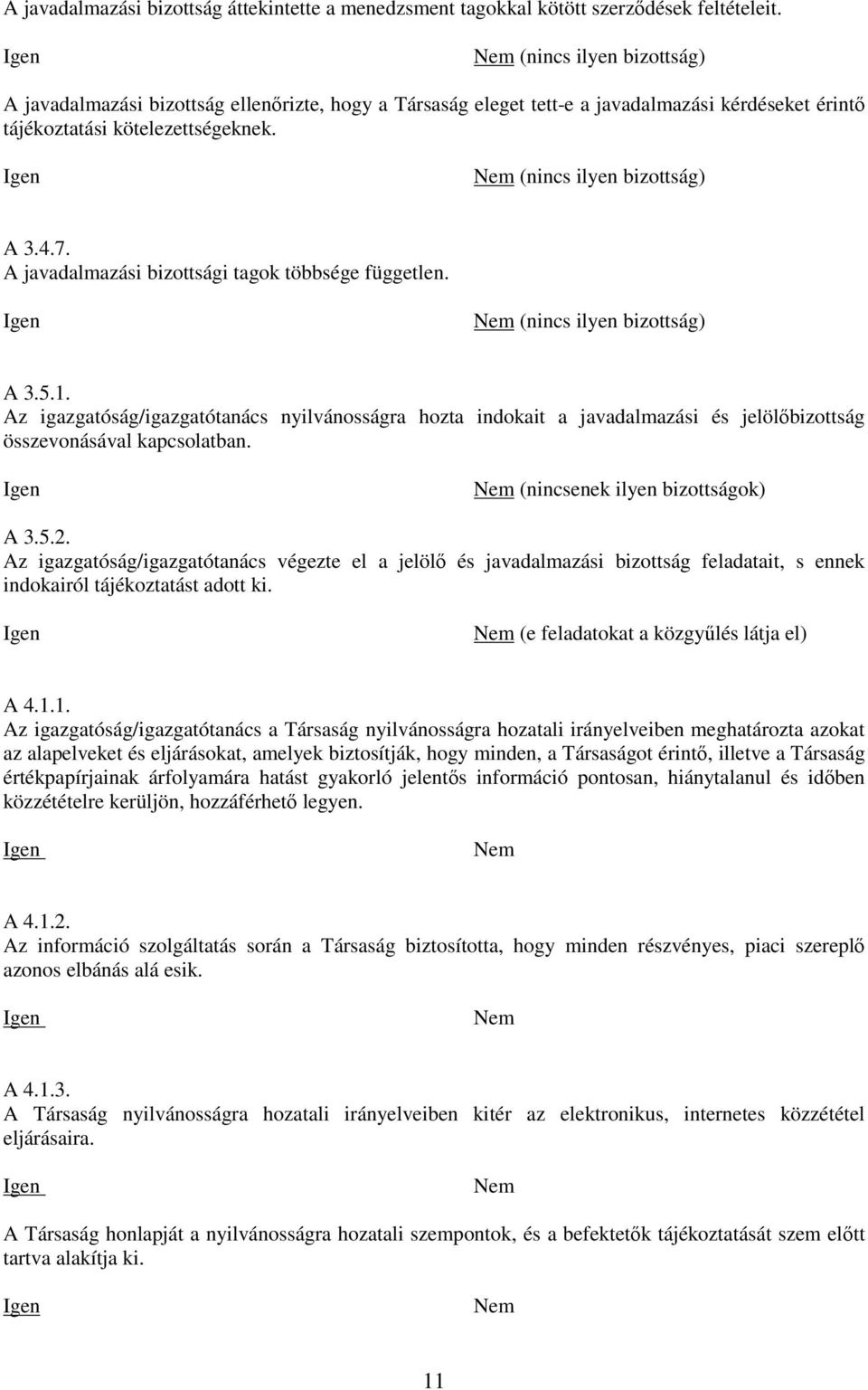 A javadalmazási bizottsági tagok többsége független. (nincs ilyen bizottság) A 3.5.1.