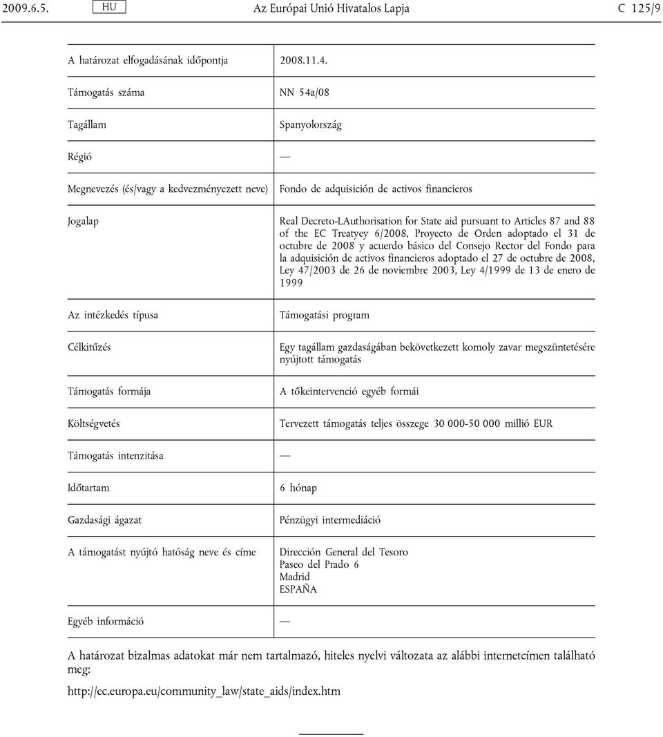 pursuant to Articles 87 and 88 of the EC Treatyey 6/2008, Proyecto de Orden adoptado el 31 de octubre de 2008 y acuerdo básico del Consejo Rector del Fondo para la adquisición de activos financieros
