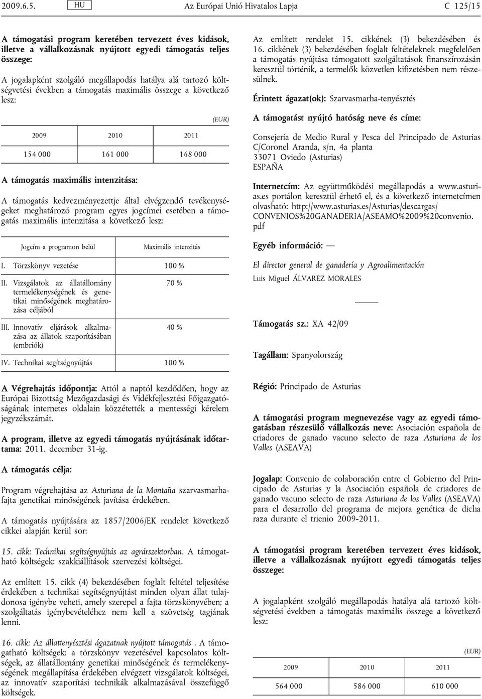 hatálya alá tartozó költségvetési években a támogatás maximális összege a következő lesz: 2009 2010 2011 154 000 161 000 168 000 A támogatás maximális intenzitása: (EUR) A támogatás kedvezményezettje