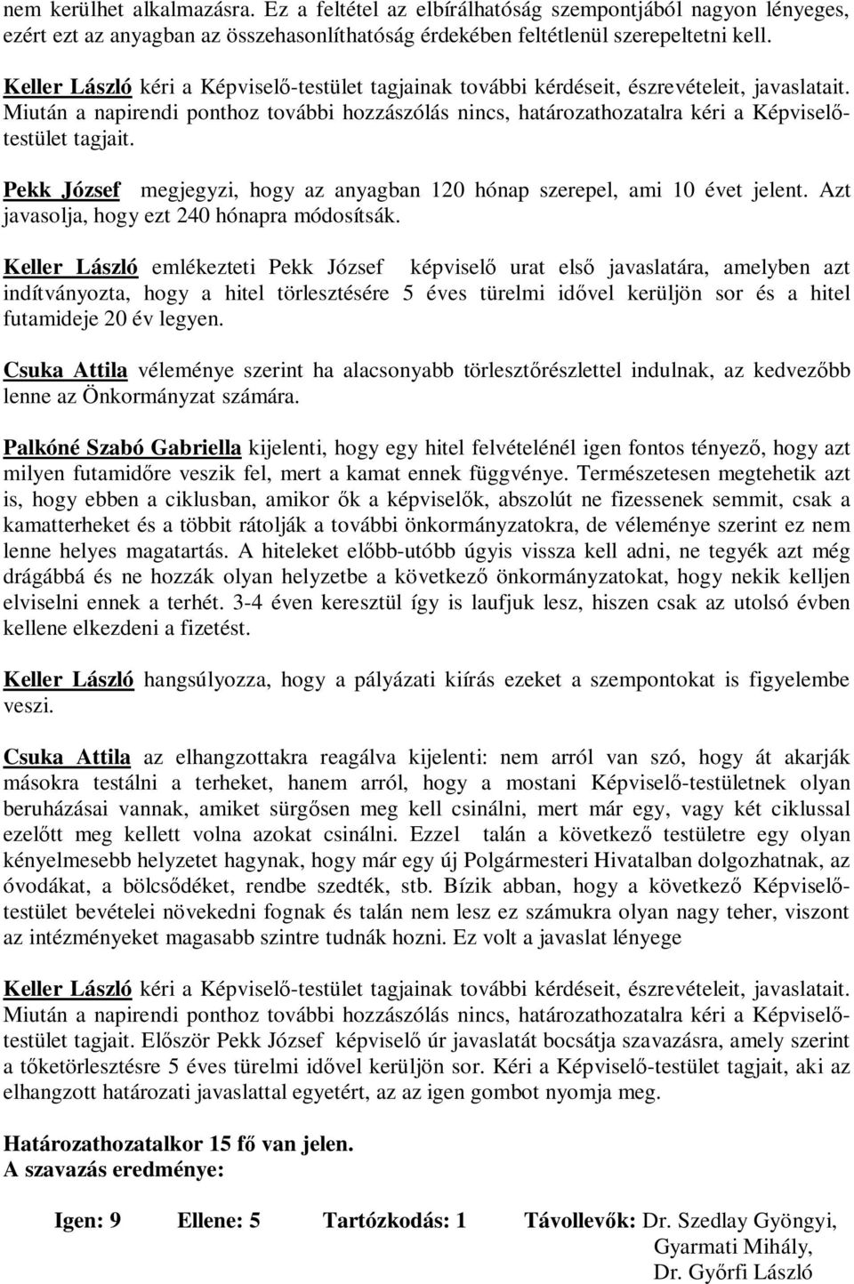 Miután a napirendi ponthoz további hozzászólás nincs, határozathozatalra kéri a Képvisel testület tagjait. Pekk József megjegyzi, hogy az anyagban 120 hónap szerepel, ami 10 évet jelent.
