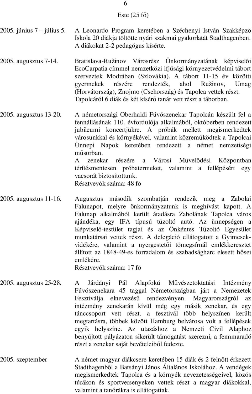 A tábort 11-15 év közötti gyermekek részére rendezték, ahol Ružinov, Umag (Horvátország), Znojmo (Csehország) és Tapolca vettek részt. Tapolcáról 6 diák és két kísérő tanár vett részt a táborban.