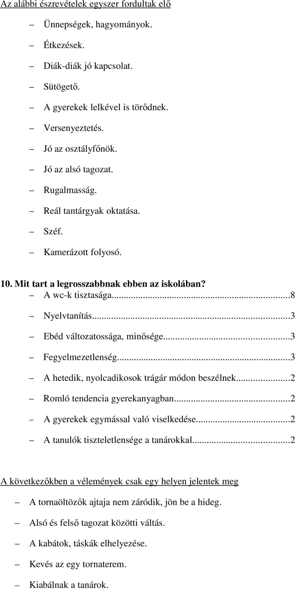 ..3 Ebéd változatossága, minősége...3 Fegyelmezetlenség...3 A hetedik, nyolcadikosok trágár módon beszélnek...2 Romló tendencia gyerekanyagban...2 A gyerekek egymással való viselkedése.