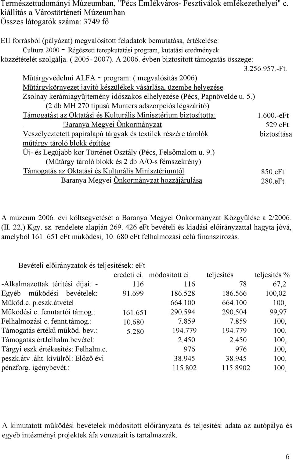 eredmények közzétételét szolgálja. ( 2005-2007). A 2006. évben biztosított támogatás összege: 3.256.957.-Ft.