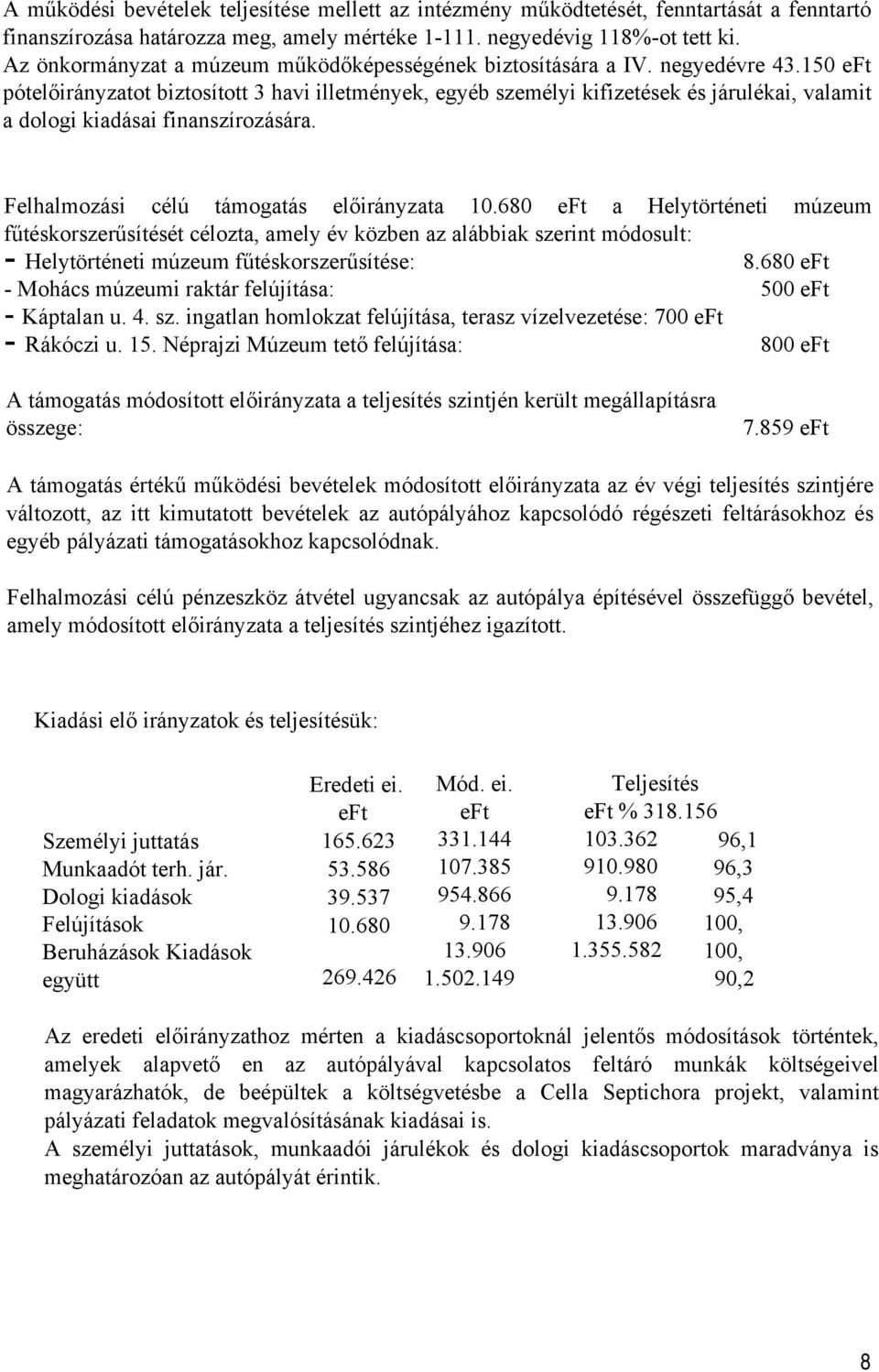 150 eft pótelőirányzatot biztosított 3 havi illetmények, egyéb személyi kifizetések és járulékai, valamit a dologi kiadásai finanszírozására. Felhalmozási célú támogatás előirányzata 10.