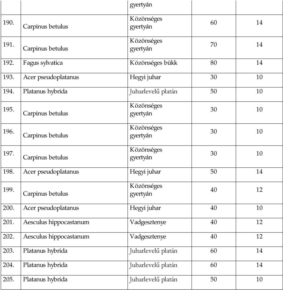 pseudoplatanus Hegyi juhar 40 10 201 Aesculus hippocastanum Vadgesztenye 40 12 202 Aesculus hippocastanum Vadgesztenye 40