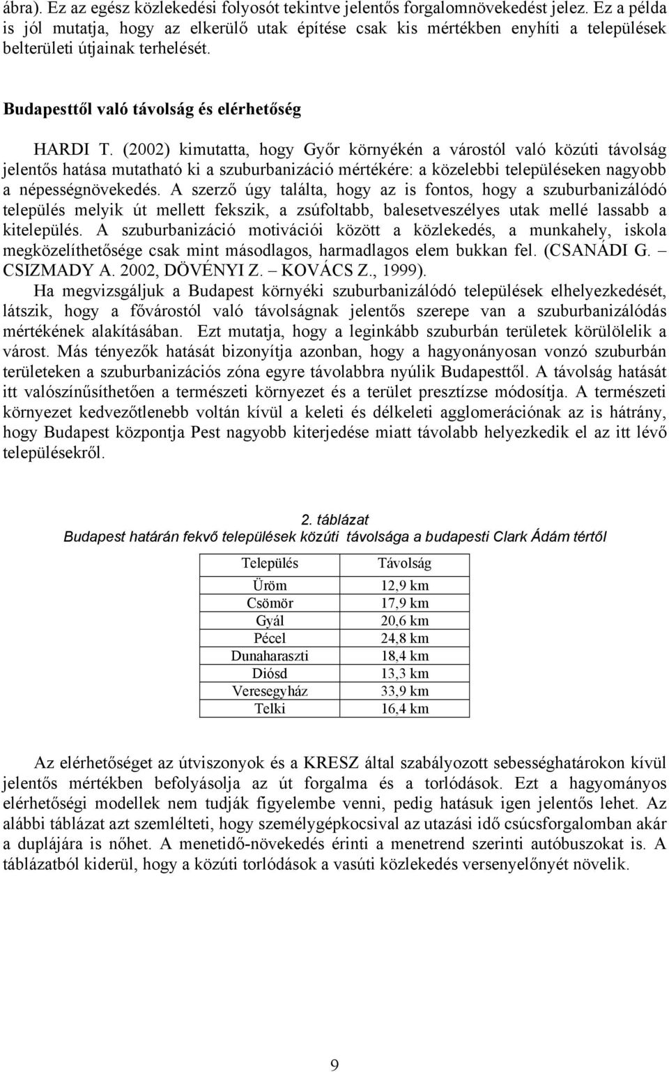 (2002) kimutatta, hogy Győr környékén a várostól való közúti távolság jelentős hatása mutatható ki a szuburbanizáció mértékére: a közelebbi településeken nagyobb a népességnövekedés.