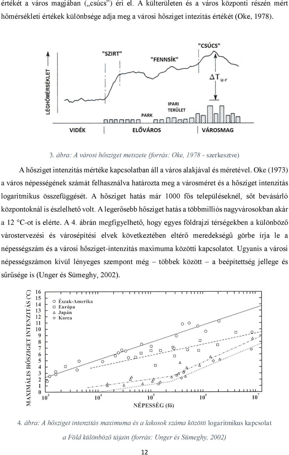 Oke (1973) a város népességének számát felhasználva határozta meg a városméret és a hősziget intenzitás logaritmikus összefüggését.