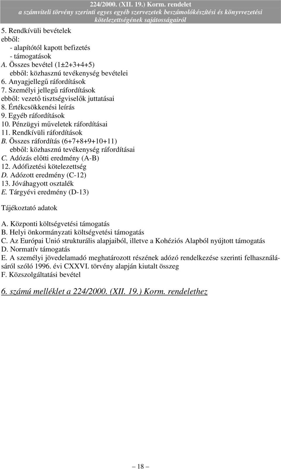 Összes ráfordítás (6+7+8+9+10+11) ebbıl: közhasznú tevékenység ráfordításai C. Adózás elıtti eredmény (A-B) 12. Adófizetési kötelezettség D. Adózott eredmény (C-12) 13. Jóváhagyott osztalék E.