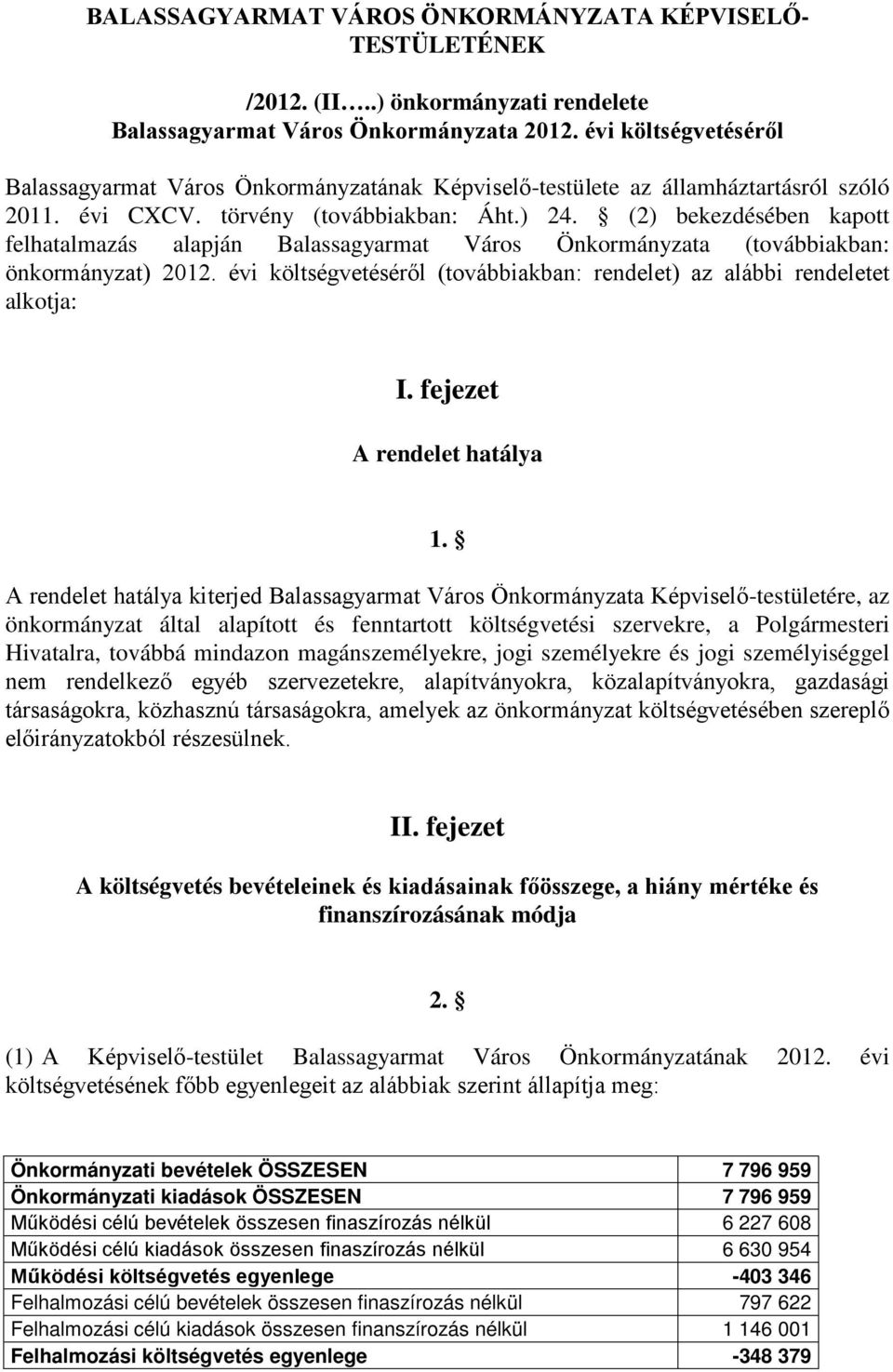 (2) bekezdésében kapott felhatalmazás alapján Balassagyarmat Város Önkormányzata (továbbiakban: önkormányzat) 2012. évi költségvetéséről (továbbiakban: rendelet) az alábbi rendeletet alkotja: I.