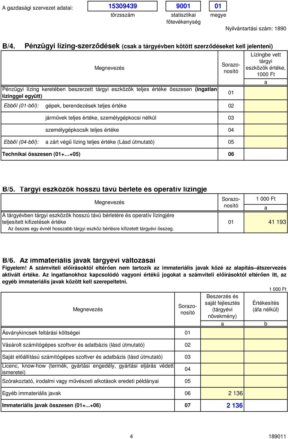 erendezések teljes értéke 2 járművek teljes értéke, személygépkocsi nélkül 3 személygépkocsik teljes értéke 4 Eől (4-ől): zárt végű lízing teljes értéke (Lásd útmuttó) 5 1 Lízinge vett tárgyi