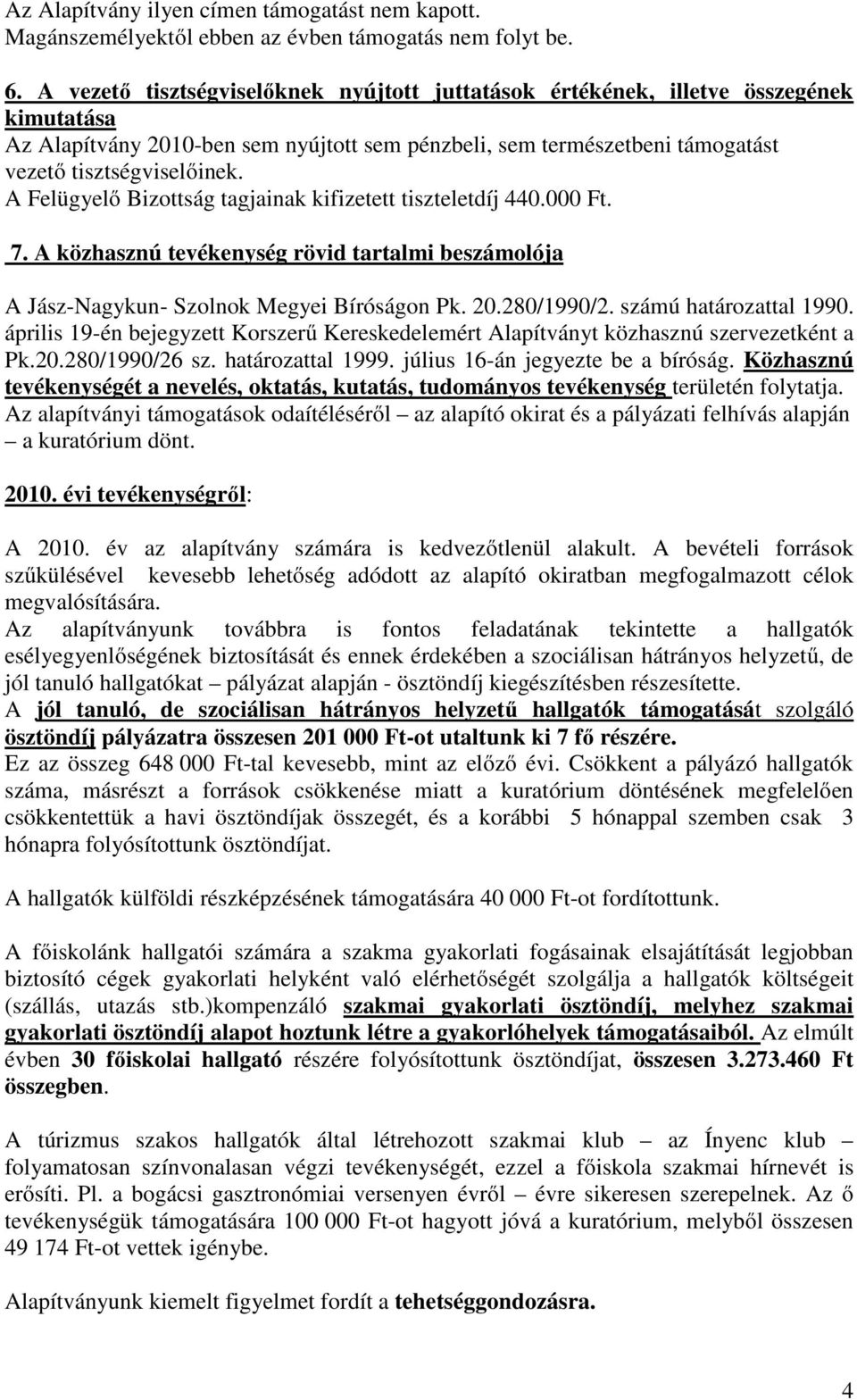 A Felügyelő Bizottság tagjainak kifizetett tiszteletdíj 440.000 Ft. 7. A közhasznú tevékenység rövid tartalmi beszámolója A Jász-Nagykun- Szolnok Megyei Bíróságon Pk. 20.280/1990/2.