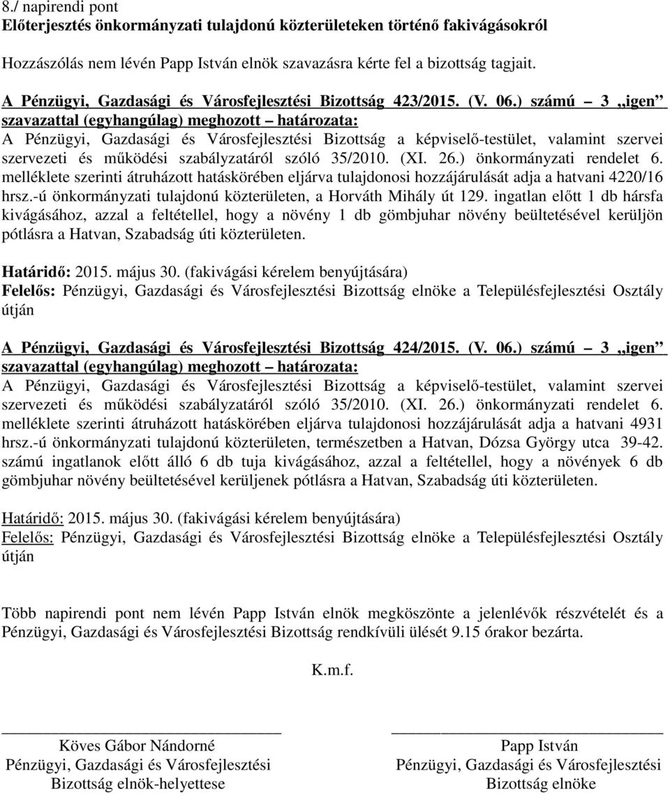 ingatlan előtt 1 db hársfa kivágásához, azzal a feltétellel, hogy a növény 1 db gömbjuhar növény beültetésével kerüljön pótlásra a Hatvan, Szabadság úti közterületen. Határidő: 2015. május 30.