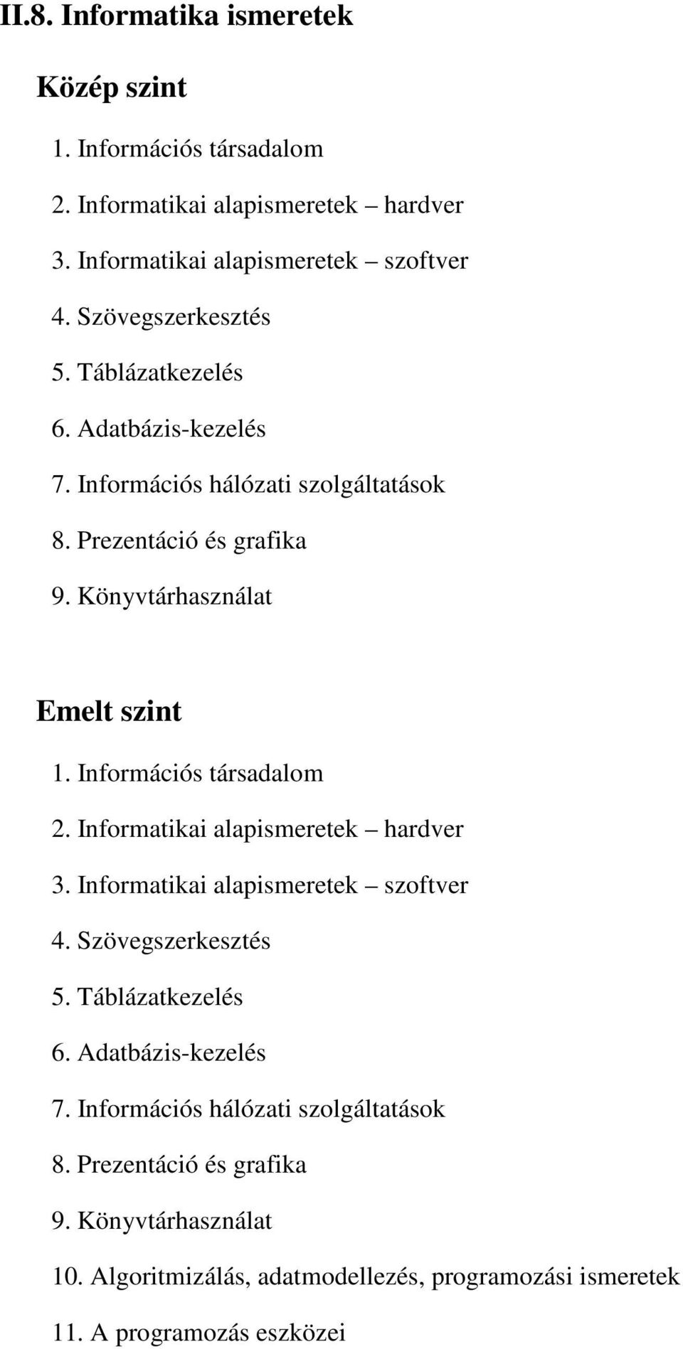 Információs társadalom 2. Informatikai alapismeretek hardver 3. Informatikai alapismeretek szoftver 4. Szövegszerkesztés 5. Táblázatkezelés 6.