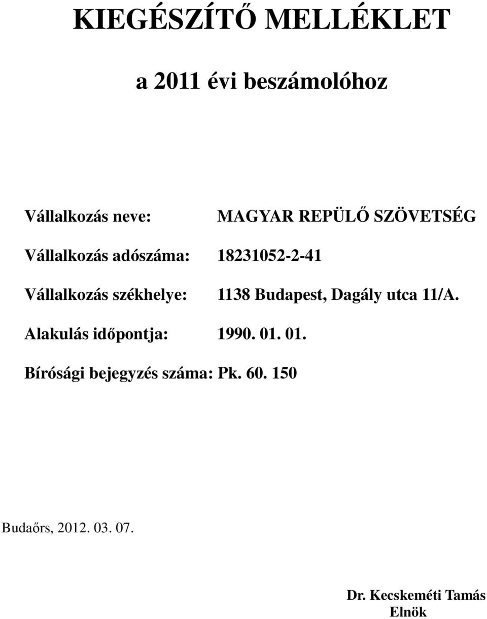 székhelye: 1138 Budapest, Dagály utca 11/A. Alakulás időpontja: 1990. 01.