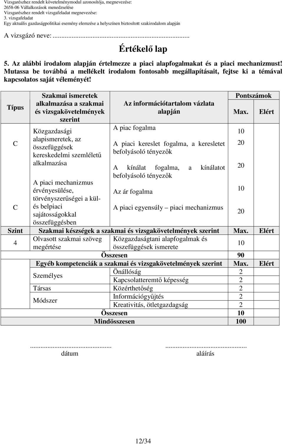 Típus Szakmai ismeretek alkalmazása a szakmai és vizsgakövetelmények szerint Közgazdasági alapismeretek, az összefüggések kereskedelmi szemlélető alkalmazása A piaci mechanizmus érvényesülése,