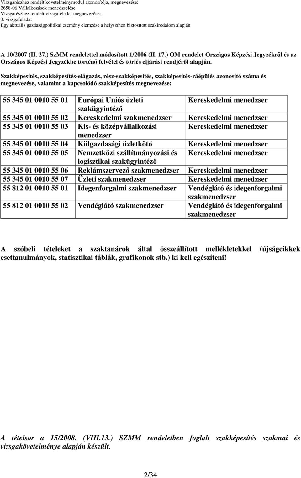 üzleti Kereskedelmi menedzser szakügyintézı 55 345 01 00 55 02 Kereskedelmi szakmenedzser Kereskedelmi menedzser 55 345 01 00 55 03 Kis- és középvállalkozási Kereskedelmi menedzser menedzser 55 345