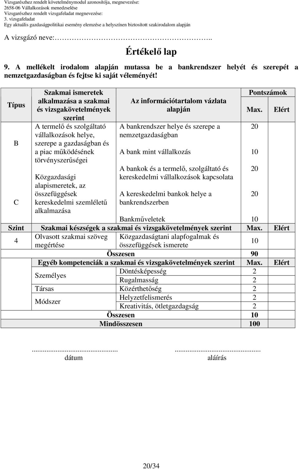 alapismeretek, az összefüggések kereskedelmi szemlélető alkalmazása Pontszámok Az információtartalom vázlata alapján Max.