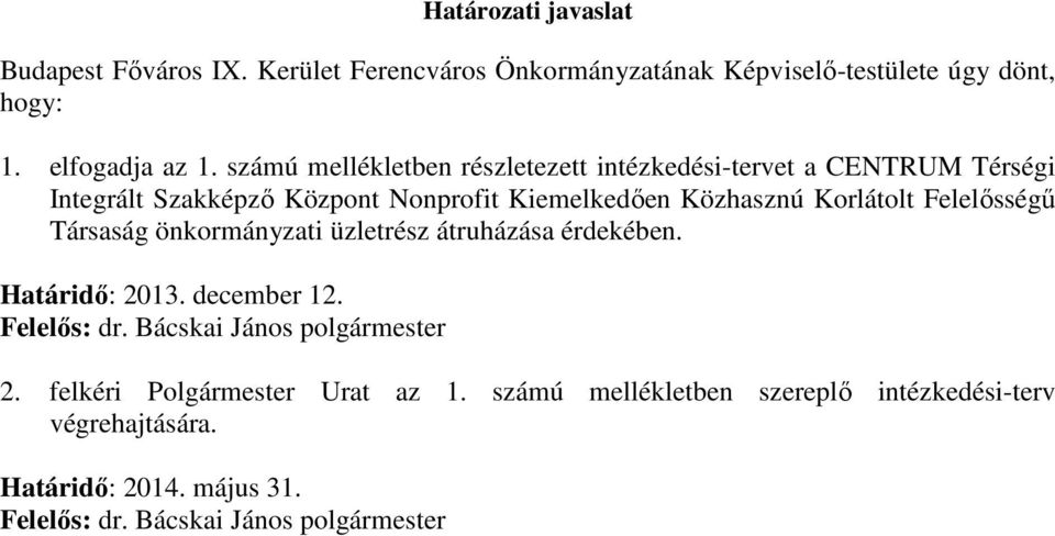 Felelősségű Társaság önkormányzati üzletrész átruházása érdekében. Határidő: 2013. december 12. Felelős: dr. Bácskai János polgármester 2.